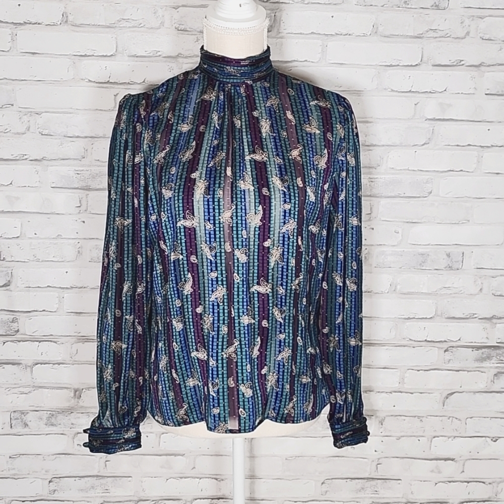Michelle Stuart Vintage Blue Purple Paisley Stripe Blouse
